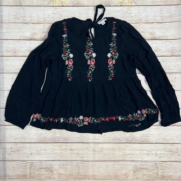 American Eagle Black Embroidered Floral Boho Peasant Top Size M Long Sleeve - Picture 1 of 12